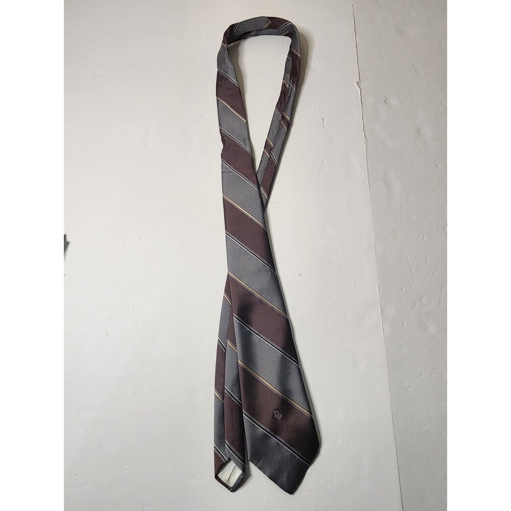 Christian Dior Striped Necktie Grey And Maroon Classic 60in Length USA Made
